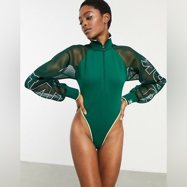 Nwot Ivy Park X Adidas Green Mesh Sleeve Logo Bodysuit